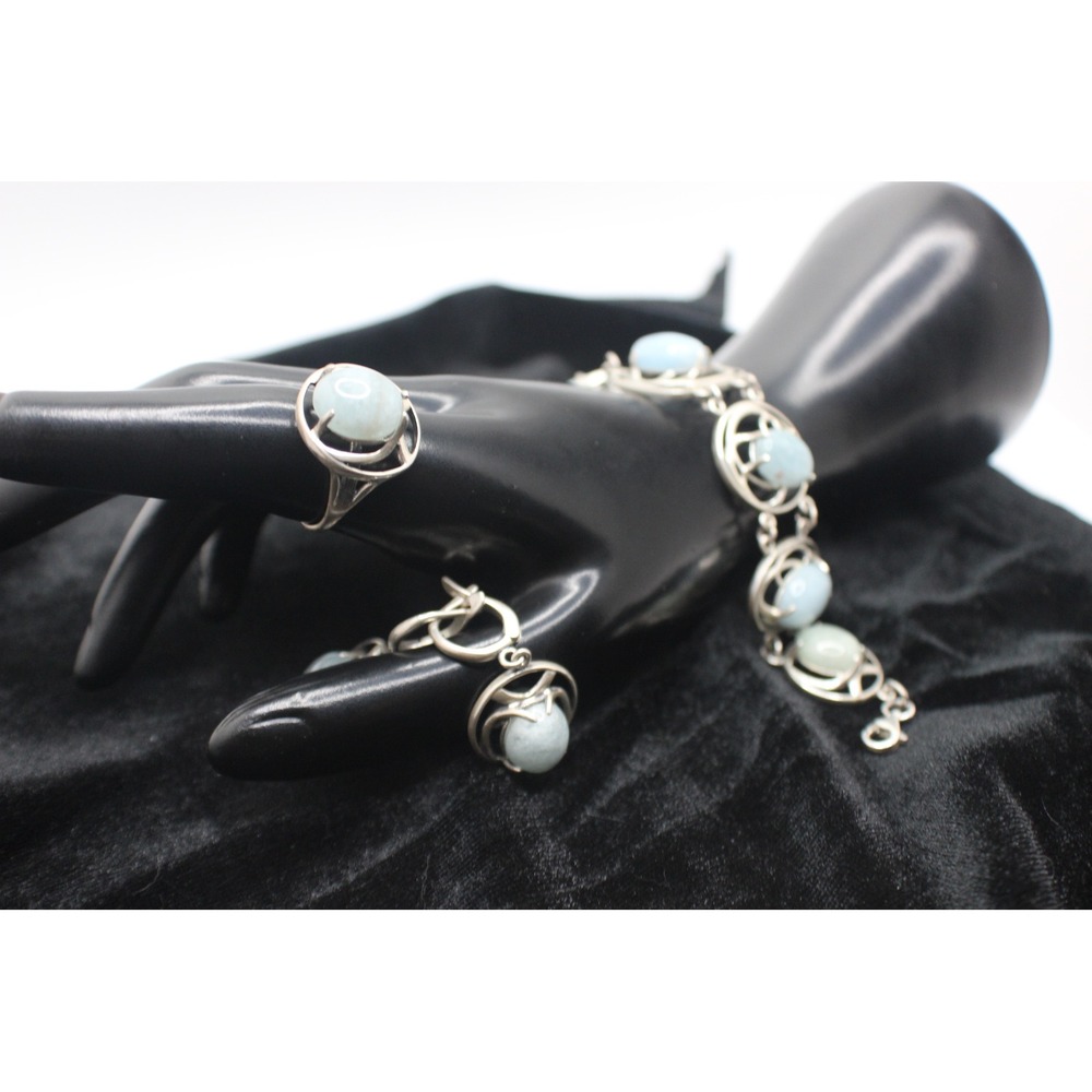 Vintage Soviet Russian 875 Silver Blue Chalcedony Set Size 9.25